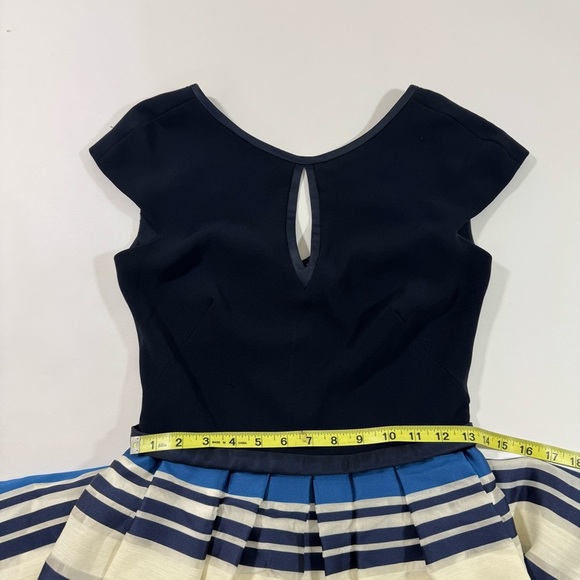 Theia Jacquard Nautical Stripe Midi Dress Blue Cap Sleeve V Back - Picture 10 of 12